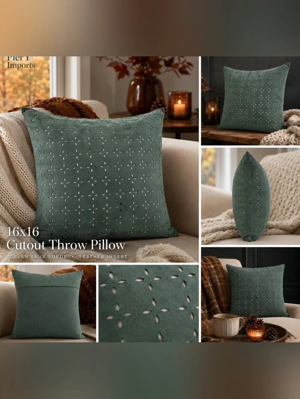 Pier 1 Imports Green Faux Suede Cutout Throw Pillow Feather Insert 16x16